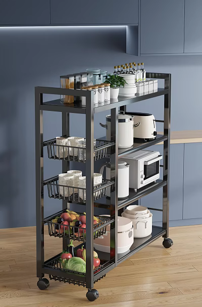 Kitchen Cabinets With Multiple Shelves Storing Cups Bowls Fruits And Appliances 3d model