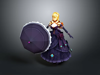 Woman With Blonde Hair In Purple Lace Gemstone Dress Holding Purple Lace Umbrella 3d model
