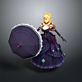 Woman With Blonde Hair In Purple Lace Gemstone Dress Holding Purple Lace Umbrella