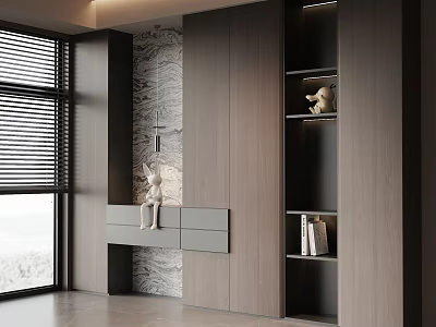 Elegant Modern Wooden Shoe Cabinet With Built in Design And Open Shelves 3d model