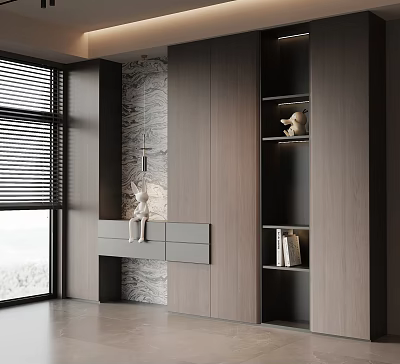Elegant Modern Wooden Shoe Cabinet With Built in Design And Open Shelves 3d model