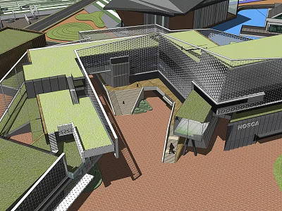 Modern Commercial Complex With Green Roof Open Courtyard And Geometric Structures 3d model