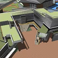 Modern Commercial Complex With Green Roof Open Courtyard And Geometric Structures