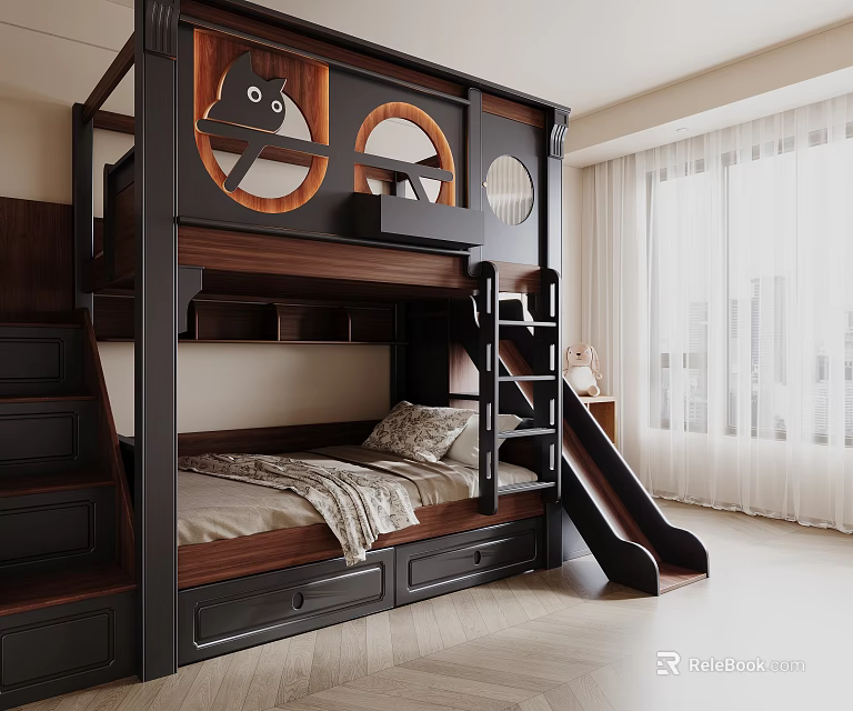 Modern Wooden Bunk Bed with Slide and Storage Stairs in Kids Bedroom Design 3d model 