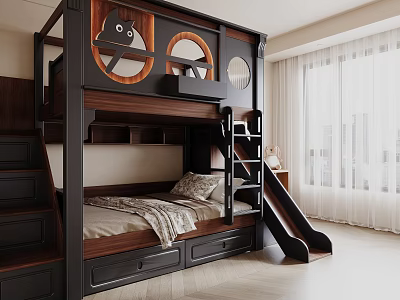 Modern Wooden Bunk Bed with Slide and Storage Stairs in Kids Bedroom Design 3d model