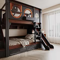 Modern Wooden Bunk Bed with Slide and Storage Stairs in Kids Bedroom Design