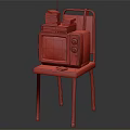 Vintage Television Placed On Metal Chair With Stacked Items On Top