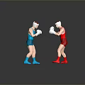 Two Male Boxers in Blue and Red Outfits With Helmets and Gloves Facing Each Other