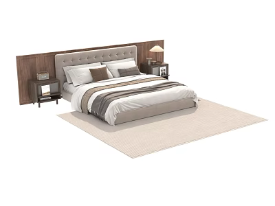 Modern Double Bed With Wooden Headboard Nightstands Table Lamps And Striped Bedding On Rug 3d model