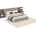 Modern Double Bed With Wooden Headboard Nightstands Table Lamps And Striped Bedding On Rug