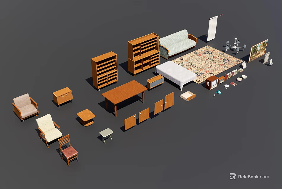 Modern Living Room Sofa And Coffee Table Set With Wooden Shelves Chairs And Rug 3d model 