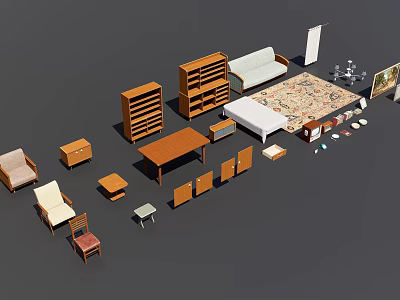Modern Living Room Sofa And Coffee Table Set With Wooden Shelves Chairs And Rug 3d model