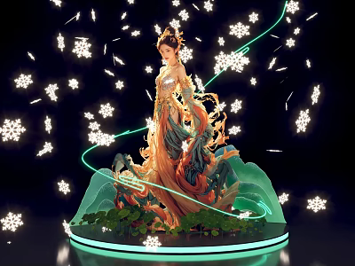Traditional Attire Female Figure With Glowing Snowflake Elements Green Light Lines And Modern Landscape Base 3d model