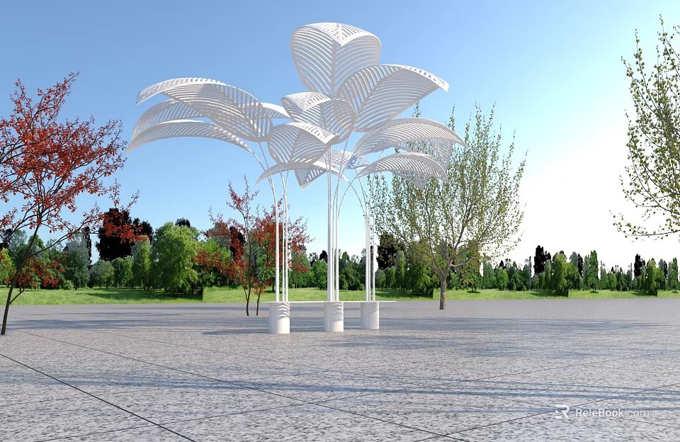 Modern White Leaf Shaped Pergola Structure In Outdoor Park Square With Trees 3d model 
