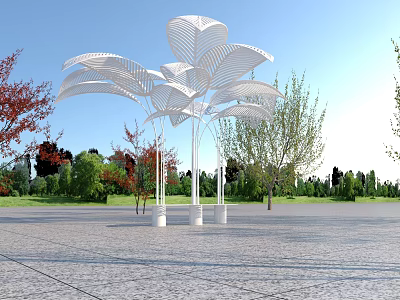 Modern White Leaf Shaped Pergola Structure In Outdoor Park Square With Trees 3d model
