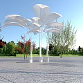 Modern White Leaf Shaped Pergola Structure In Outdoor Park Square With Trees 3d model