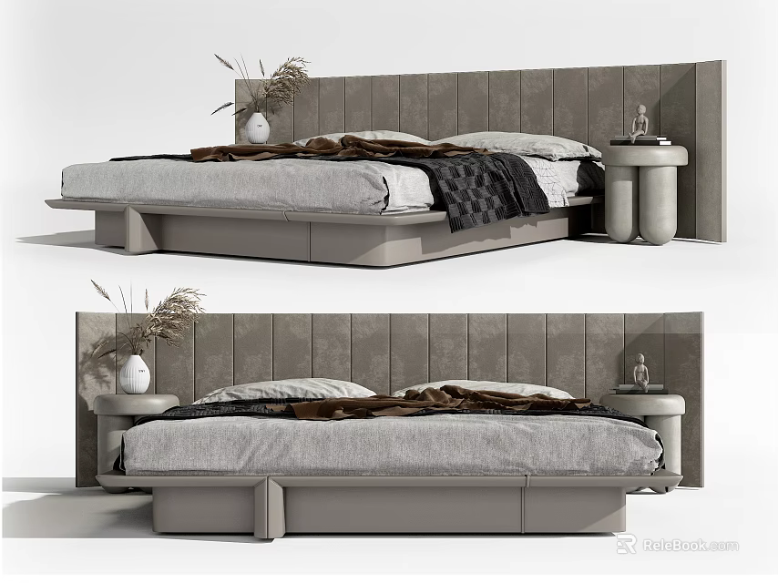 Modern Double Bed With Upholstered Headboard Side Table And Decorative Vase 3d model 