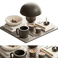 Decorative Ornament Set With Mushroom Shaped Ornament White Bowl Black Mug Candle Books And Tray