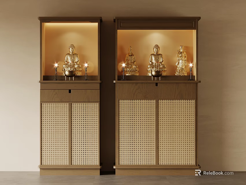 Traditional Buddha Cabinets With Lighting Statues Candles And Grille Doors 3d model 