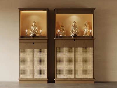 Traditional Buddha Cabinets With Lighting Statues Candles And Grille Doors 3d model