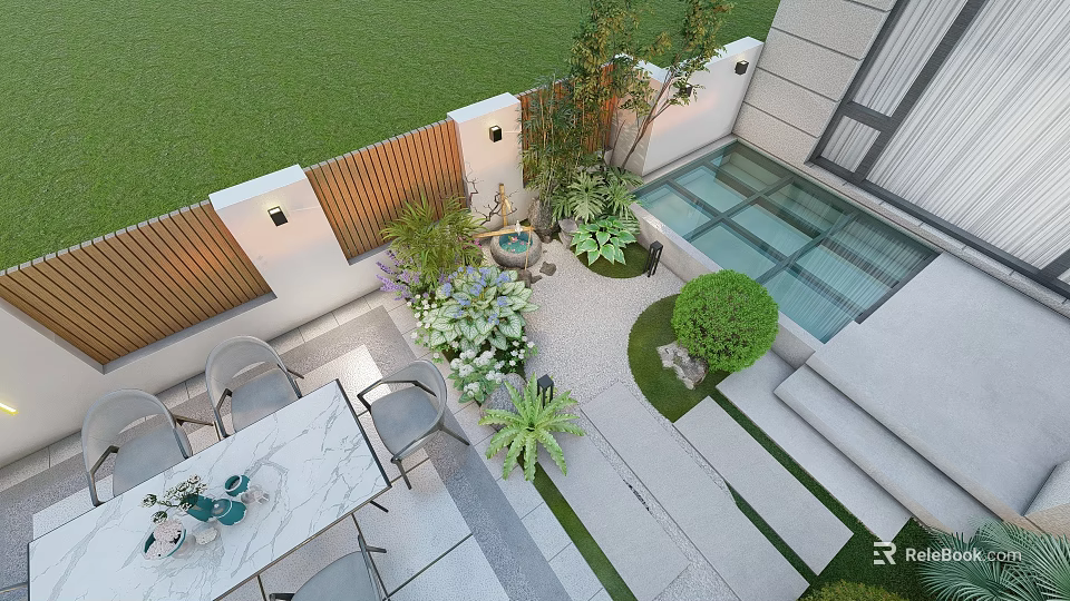 Beautiful Courtyard Garden With Wooden Fence Lawn Table Chairs Plants Fountain And Glass Floor 3d model 