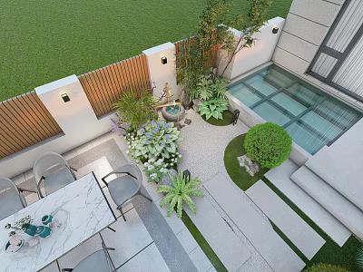 Beautiful Courtyard Garden With Wooden Fence Lawn Table Chairs Plants Fountain And Glass Floor 3d model