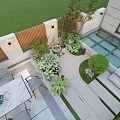 Beautiful Courtyard Garden With Wooden Fence Lawn Table Chairs Plants Fountain And Glass Floor
