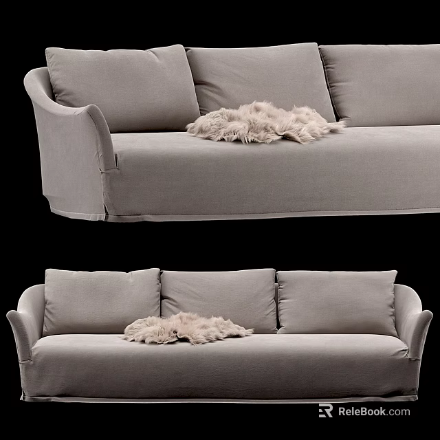 Light Gray Three Seater Sofa With Fluffy Blanket On Comfortable Cushions 3d model