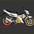 White And Yellow Sporty Motorcycle With Black Seat Red Stand And Yellow Wheels