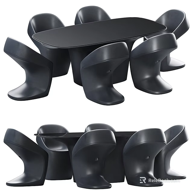 Modern Black Dining Table Set With Stylish Unique Curved Chair Design 3d model 