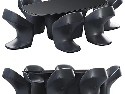 Modern Black Dining Table Set With Stylish Unique Curved Chair Design 3d model