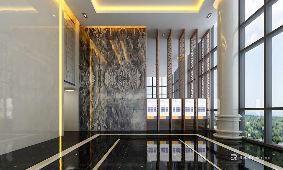Modern Office Corridor With Marble Walls Gold Accents Large Windows Green Views And Display Boards 3d model 