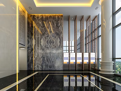 Modern Office Corridor With Marble Walls Gold Accents Large Windows Green Views And Display Boards 3d model