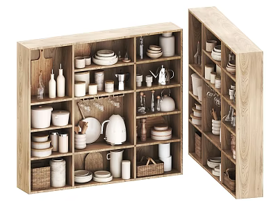 Natural Wooden Cabinets With Open Shelves Holding White Ceramic Dishes And Glassware 3d model