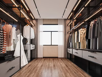 Modern Walk in Closet Design with Open Racks Hanging Clothes Wooden Floor and Drawer Cabinets 3d model