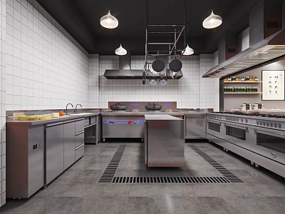 Modern Commercial Kitchen With Stainless Steel Equipment And Tile Walls 3d model