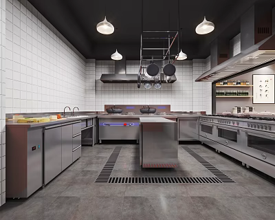 Modern Commercial Kitchen With Stainless Steel Equipment And Tile Walls 3d model