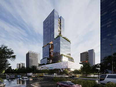 Modern High Rise Office Building With Glass Curtain Wall And Urban Green Landscaping Design 3d model