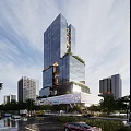 Modern High Rise Office Building With Glass Curtain Wall And Urban Green Landscaping Design
