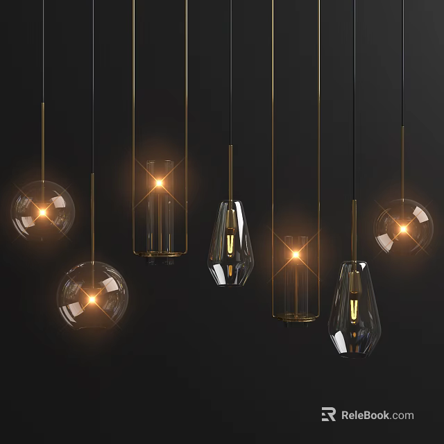 Illuminated Pendant Lights With Various Shapes Transparent Material And Golden Metal Parts On Dark Background 3d model 