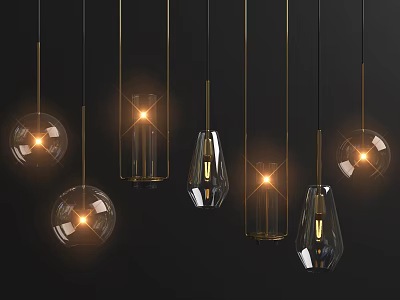 Illuminated Pendant Lights With Various Shapes Transparent Material And Golden Metal Parts On Dark Background 3d model