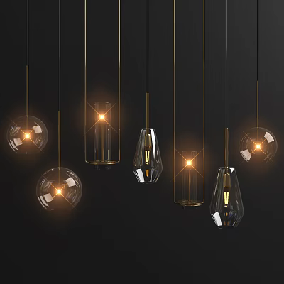 Illuminated Pendant Lights With Various Shapes Transparent Material And Golden Metal Parts On Dark Background 3d model