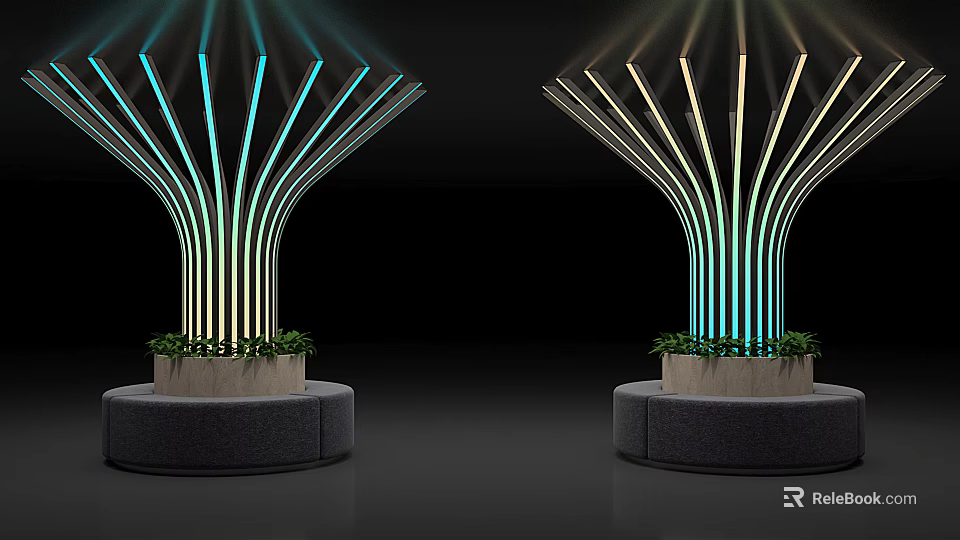 Modern Public Chair With Tree Like Structure Illuminated Stripes And Bottom Plants 3d model 