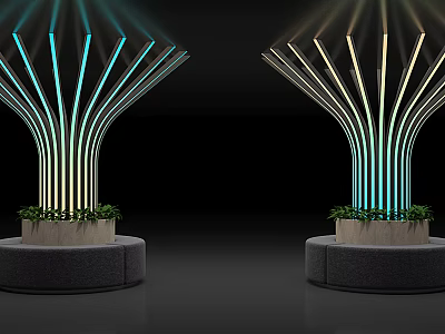 Modern Public Chair With Tree Like Structure Illuminated Stripes And Bottom Plants 3d model