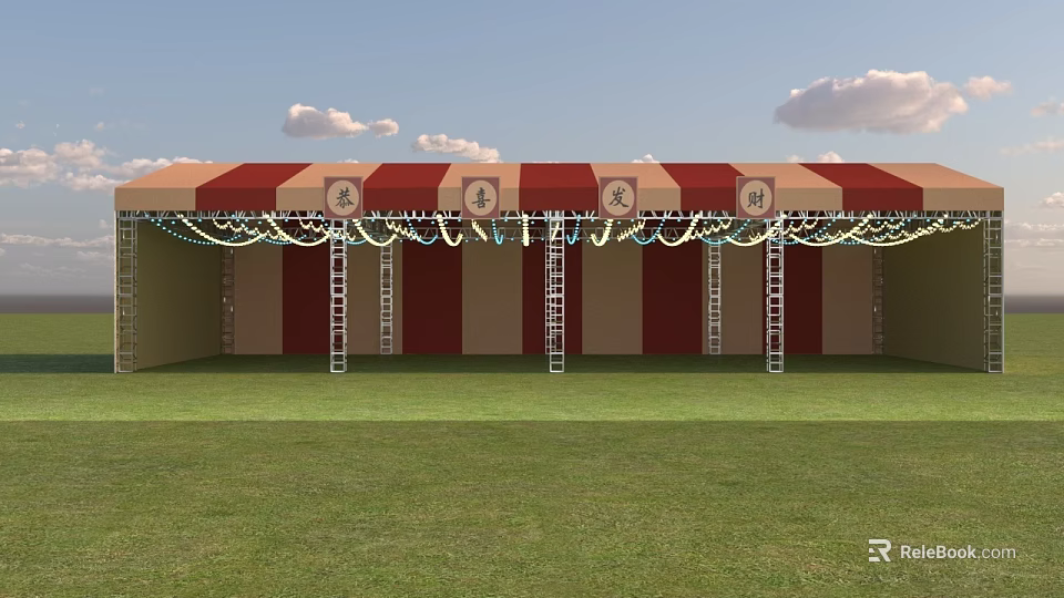 Outdoor Red and White Striped Canopy Structure with Metal Ladders Green Grass Field Cloudy Sky 3d model 