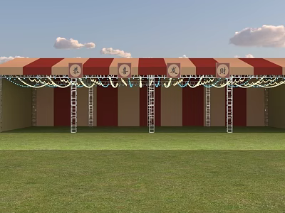 Outdoor Red and White Striped Canopy Structure with Metal Ladders Green Grass Field Cloudy Sky 3d model