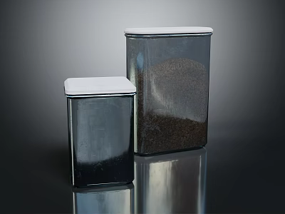 Metal Storage Tins With White Lids Holding Granular Contents On Dark Reflective Surface 3d model