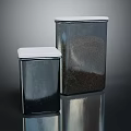 Metal Storage Tins With White Lids Holding Granular Contents On Dark Reflective Surface