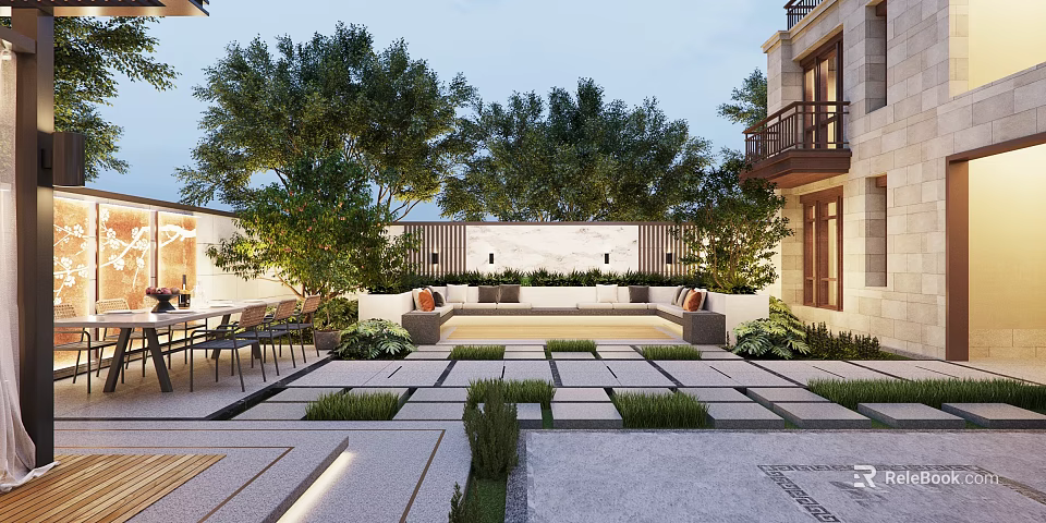 Elegant Courtyard Garden Featuring Lush Trees Cozy Seating And Neatly Paved Space 3d model 