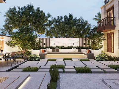 Elegant Courtyard Garden Featuring Lush Trees Cozy Seating And Neatly Paved Space 3d model